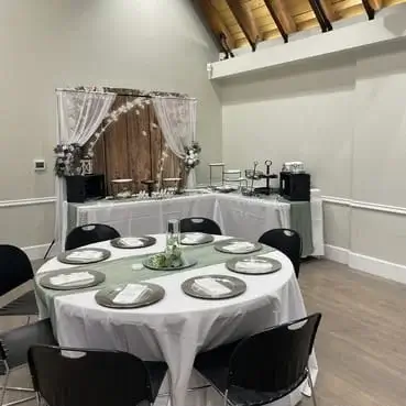 Green and white wedding reception held at Vacaville Veterans Hall.